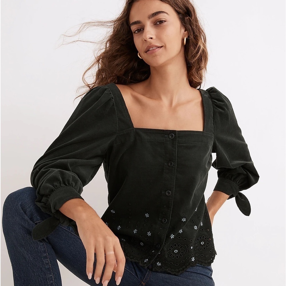 NWT Madewell Embroidered  Eyelet Corduroy Tie-Sleeve Top